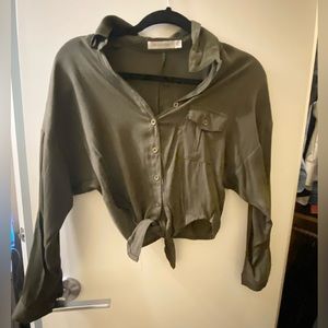 Mink Pink Button Down Crop w/ tie in front in Army Green-XS